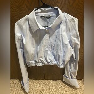 Zara Sky Blue Button Down Cropped Shirt